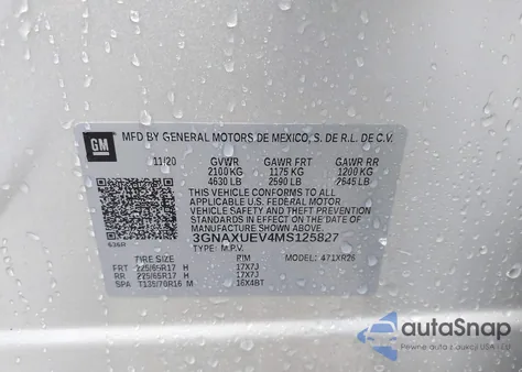 2021 Chevrolet Equinox Awd Lt z USA, uszkodzony, nr VIN 3GNAXUEV4MS125827